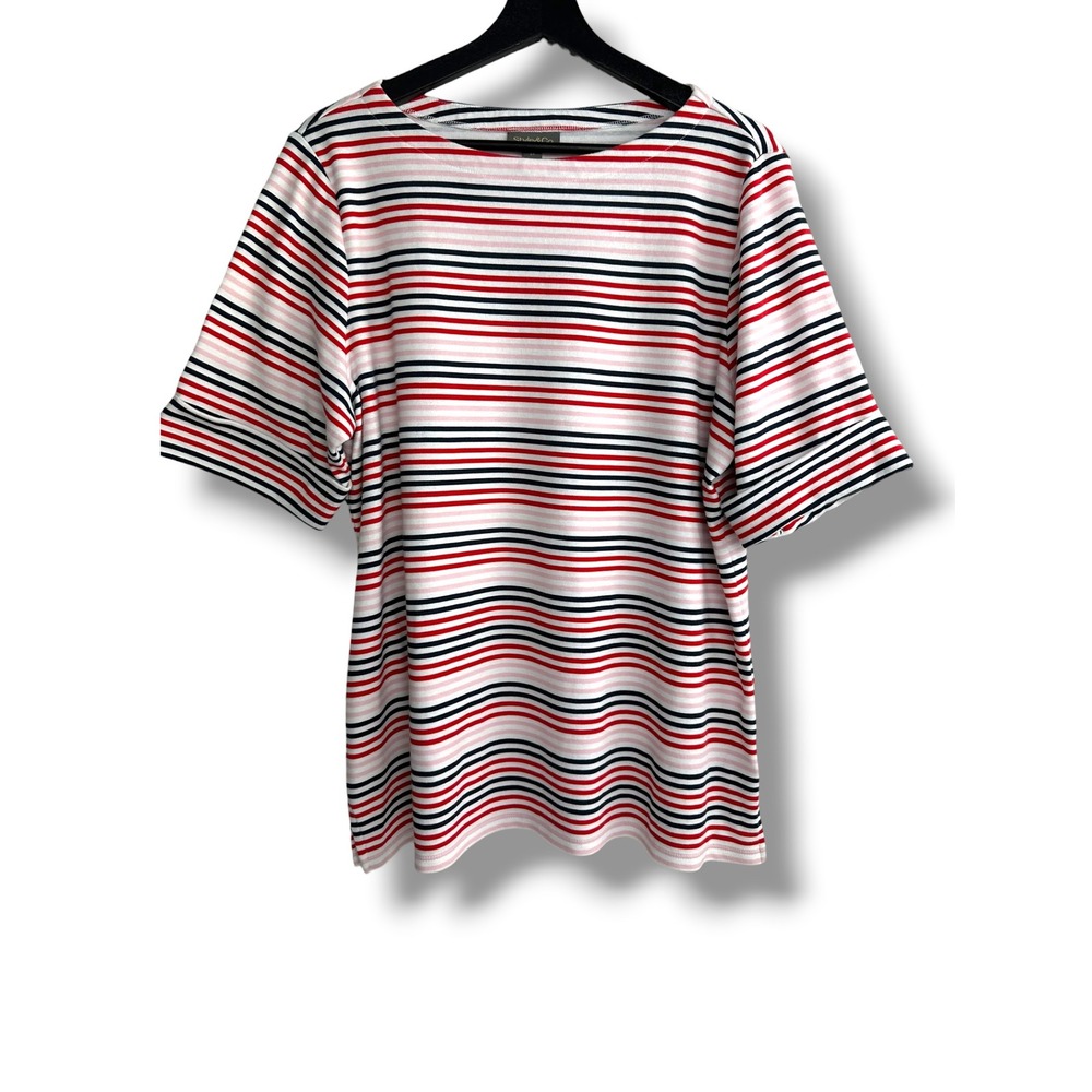 Style & Co Womens 2X Striped Boat Neck T-Shirt Red Navy Pink White Short Sleeve